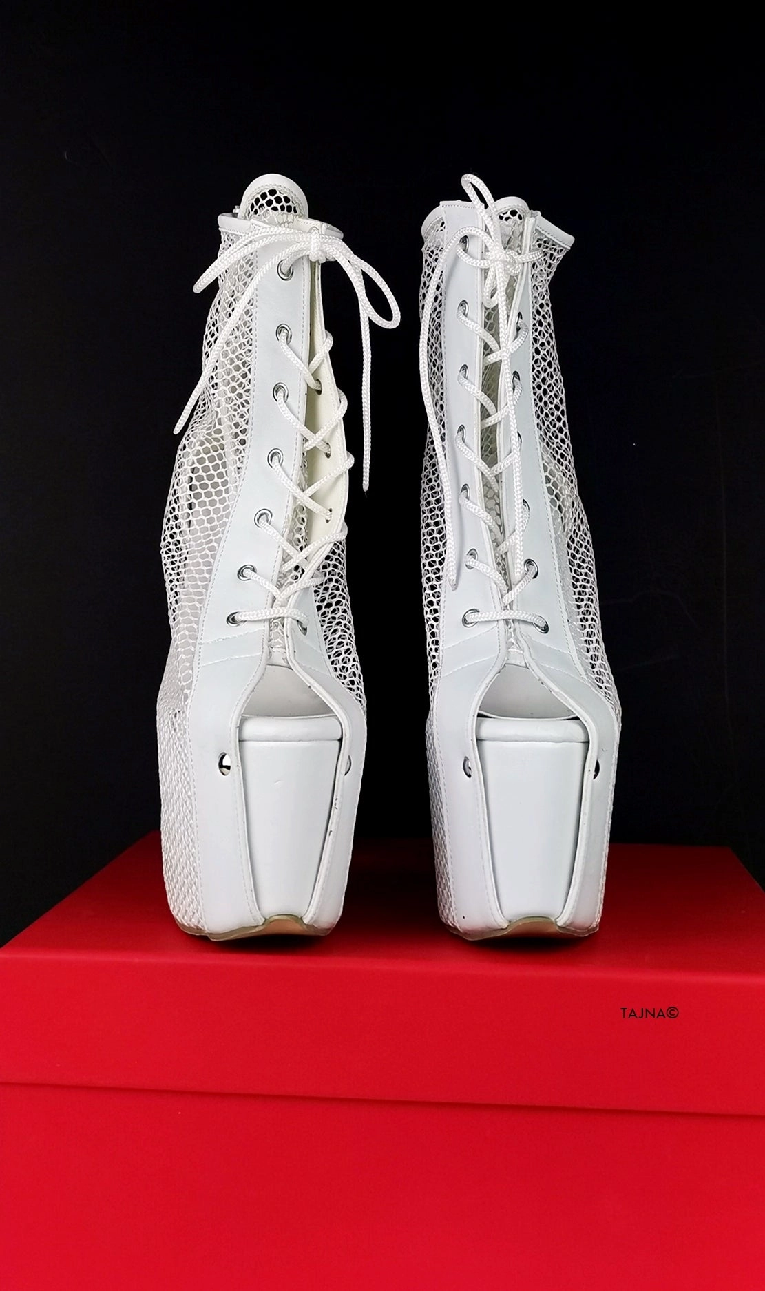 White Fishnet Lace Up Booties