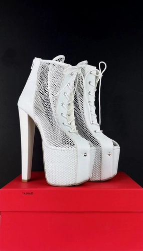 White Fishnet Lace Up Booties